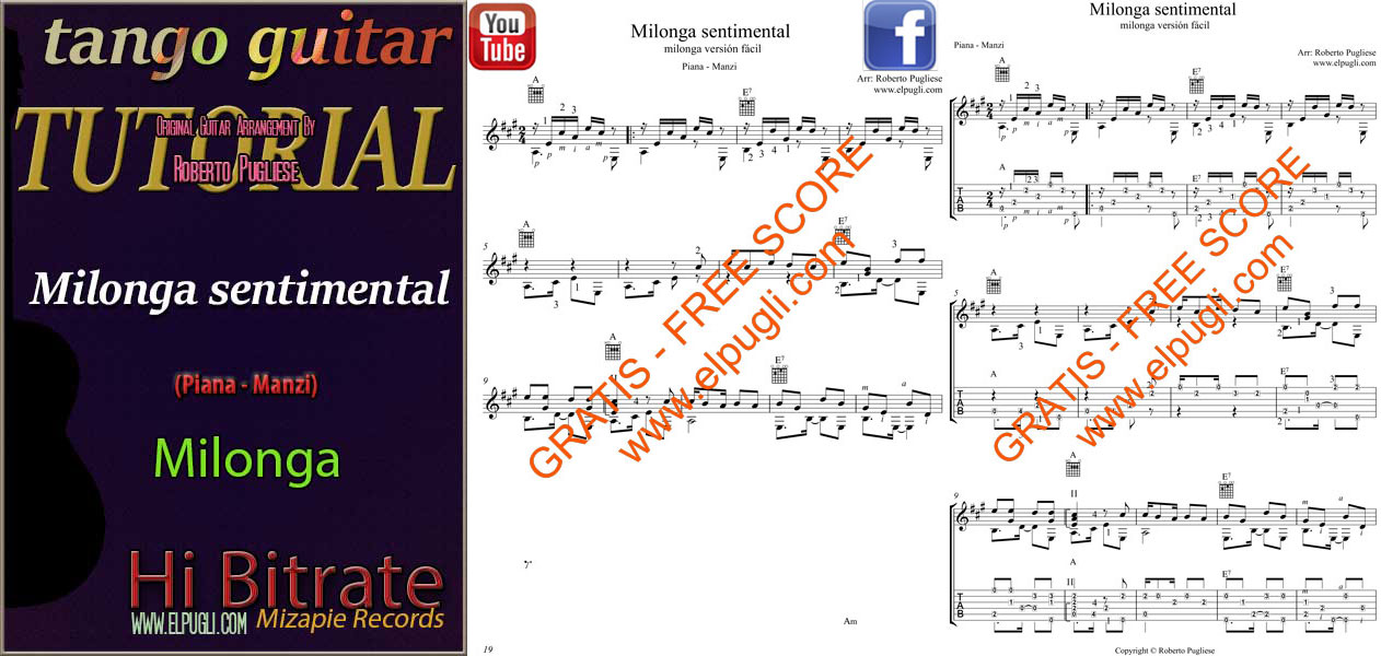 Ejemplo de la partitura gratis del tutorial de la Milonga sentimental para guitarra por Roberto Pugliese